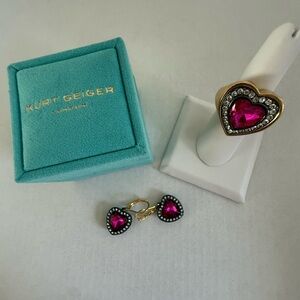 Kurt Geiger Gold Heart Ring and Earrings with Fuchsia Crystals